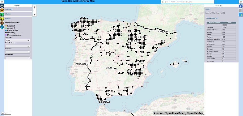 map of wind turbine in spain