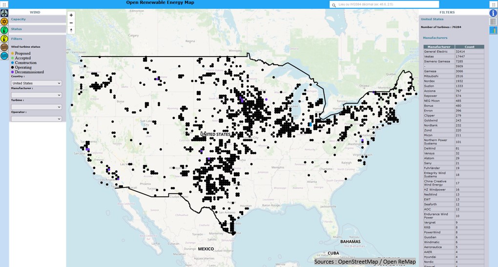 map of wind turbine in united-states