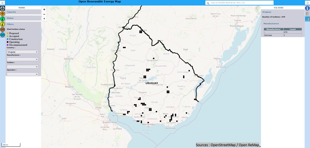 map of wind turbine in uruguay